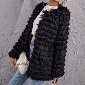 Shein Black Faux Fur Layered Long Sleeve Jacket Cardigan Small Hook Eye Closure